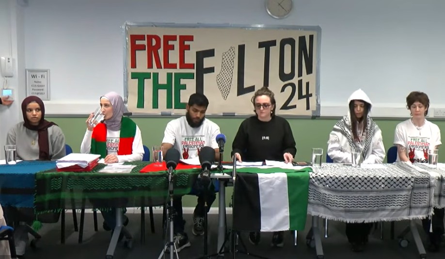Four of the released Filton 24 prisoners with Lisa MInerva Luxx at a press conference on 25 March